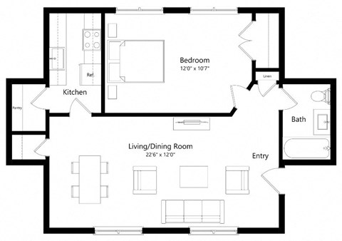 Floor plan for 1 bed, 1 bath, 631 sqft